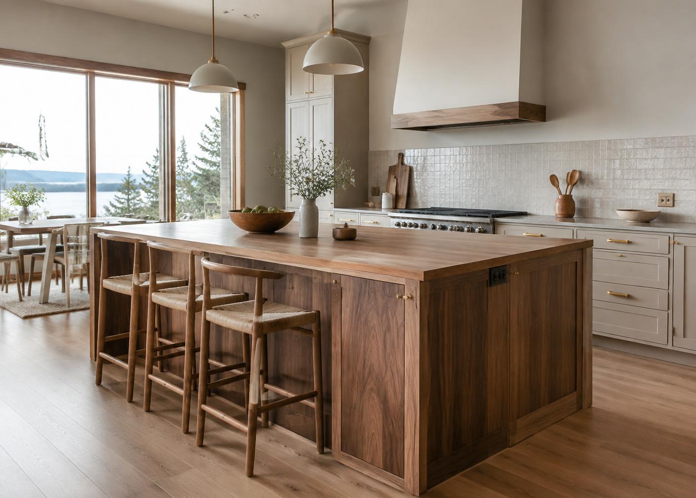Contemporary kitchen with custom wood island and cabinetry
