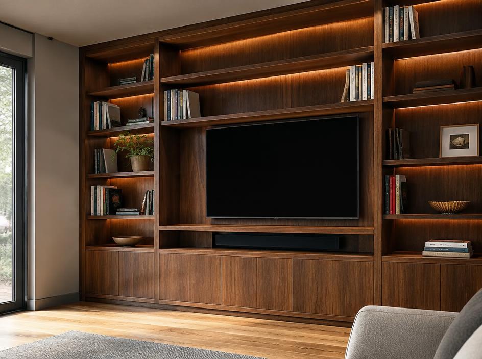 Custom walnut built-in shelving and media wall